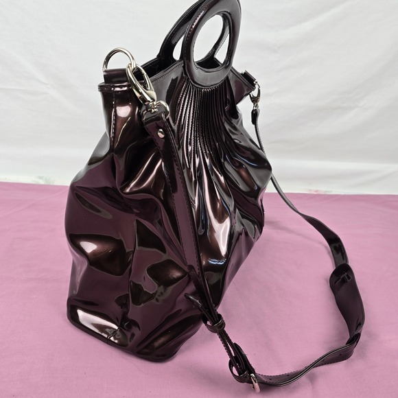 Beijo Luxe Metallic Bronze Patent Pleated Satchel Handbag Crossbody Bag Large - Picture 5 of 16